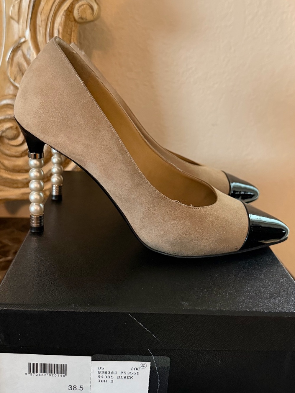 CHANEL Beige Suede Pumps with Black Patent Cap Toe and Pearl-Stack Heels
